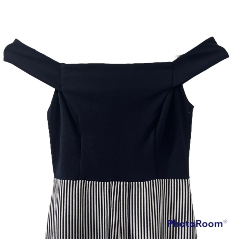 TeezeMe Navy Blue Striped High Low Off Shoulder Romper Maxi Skort Dressy Sz 3/4